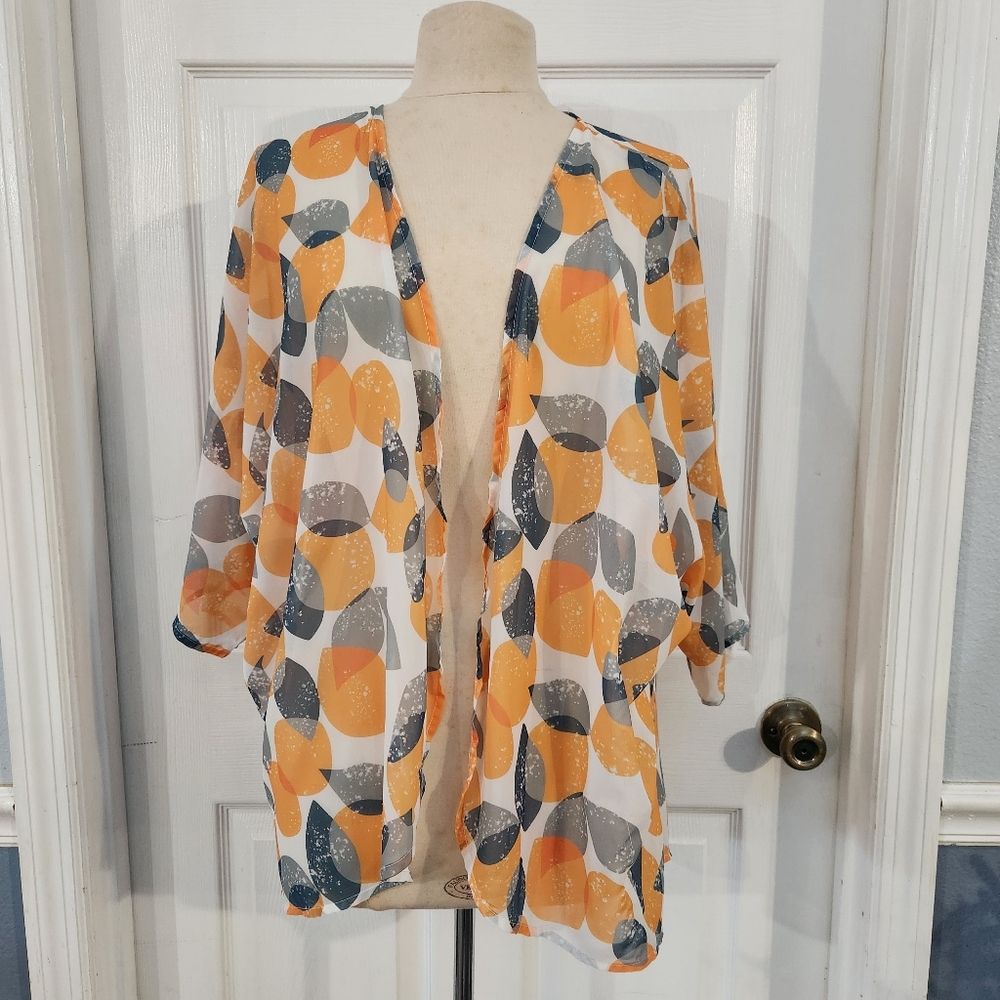 Colorful Sheer Open Front Kimono with Oranges on it